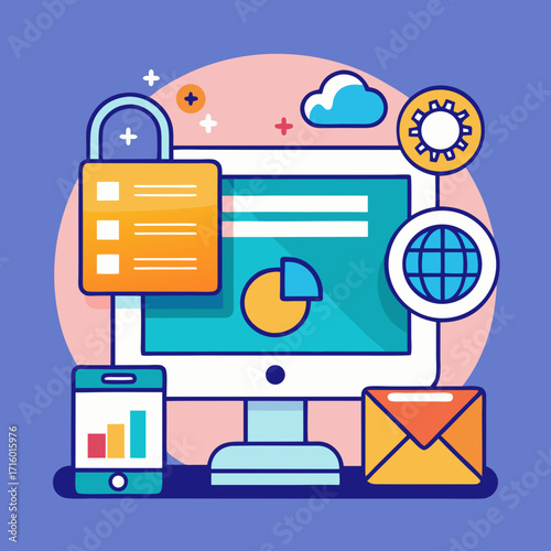 Digital security and data protection concept with computer and icons