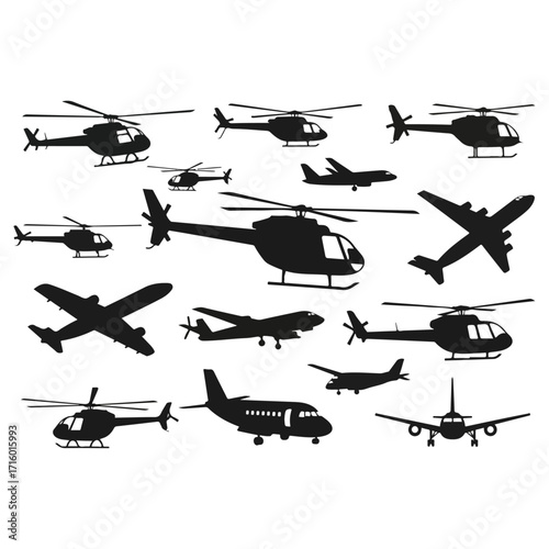 Silhouettes of various aircrafts and helicopters in black and white.