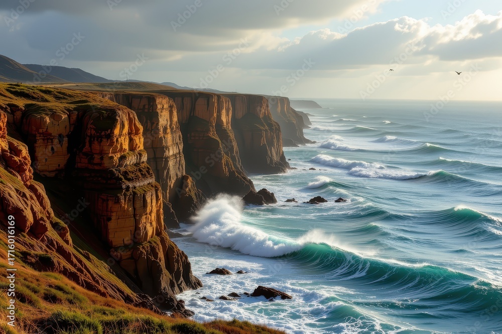 Obraz premium coastal cliffs with crashing waves, sunlight illuminating rugged rocks, sea spray creating mist, birds soaring above, emphasizing dynamic textures and energy of nature.