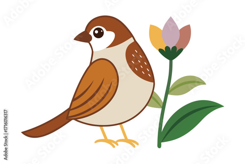 Hand drawn illustration of a little sparrow perched on a flower