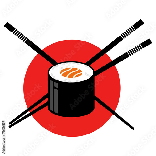 Sushi Roll with Chopsticks and Japanese Flag Background.