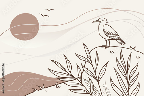 Minimal bird line art on hill with sun and plants in beige background