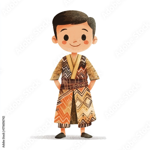Charming cartoon boy wearing a traditional patterned robe.