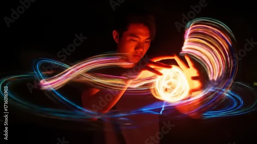 Young man creating light trails with glowing orb at night, showcasing artistic expression and creativity