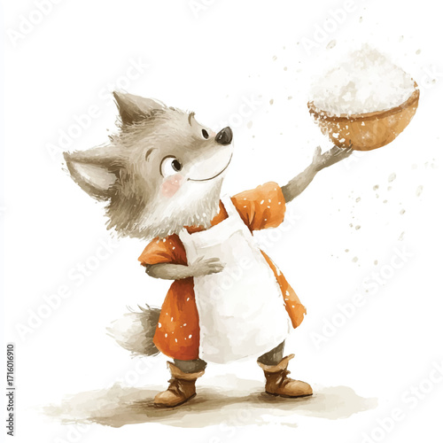 Charming cartoon fox baker holding bowl of flour ready for baking.