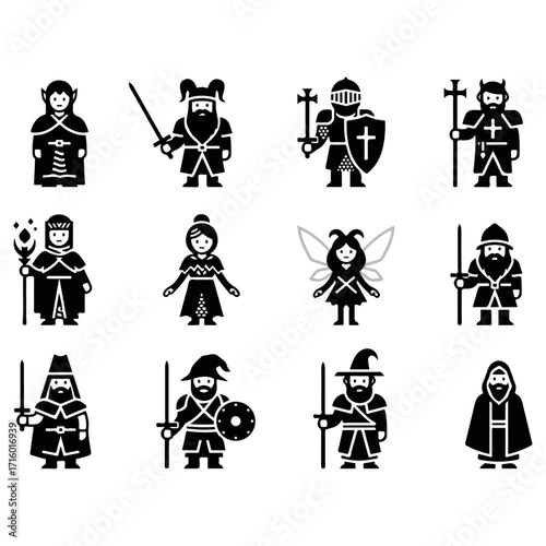 Collection of fantasy characters in black and white illustrations.