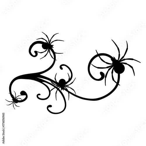 Logo con silueta de arañas con filigrana caligráfica. Silueta con florituras para tarjetas y felicitaciones de Halloween