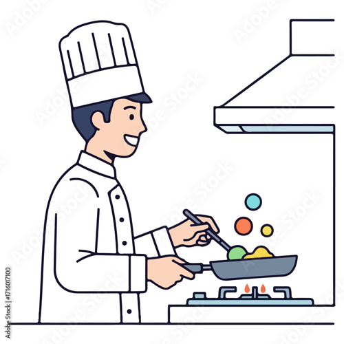 Chef cooking food in the kitchen with a smile on his face.