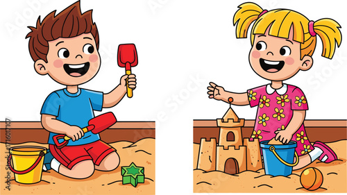 Children playing in sandbox, boy with shovel, girl building sandcastle, colorful buckets, summer fun, outdoor activity, cheerful scene, sunny day
