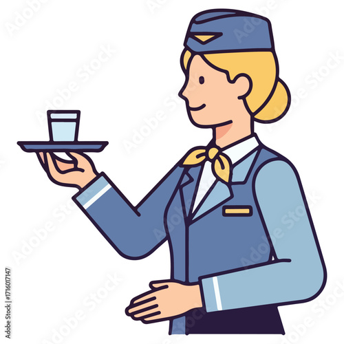 Flight attendant serving drink on a tray, smiling, professional.