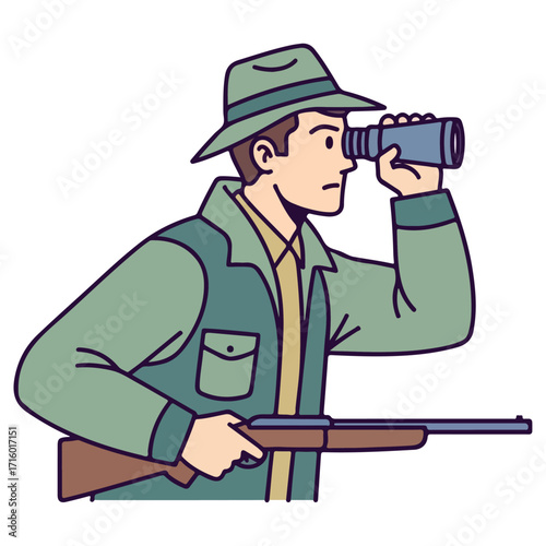 Hunter observing with binoculars and rifle, focused on target.