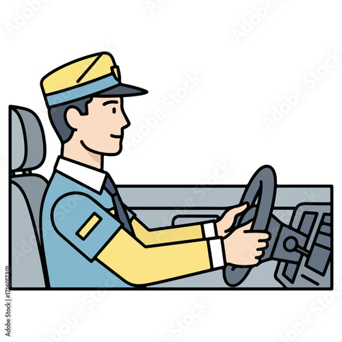 Man in uniform driving a vehicle with focused attention.