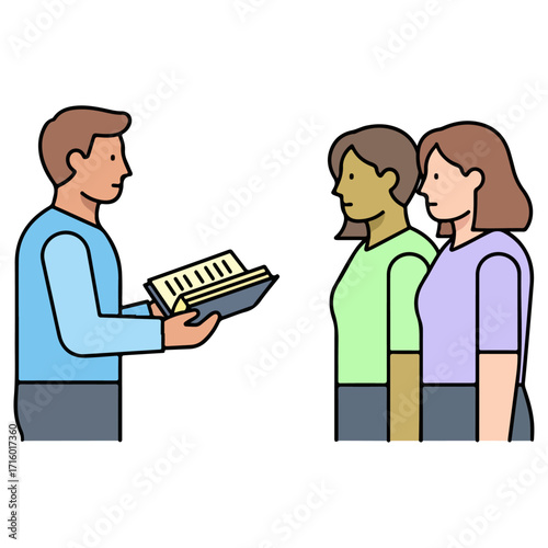 Man reading to two women, sharing information.