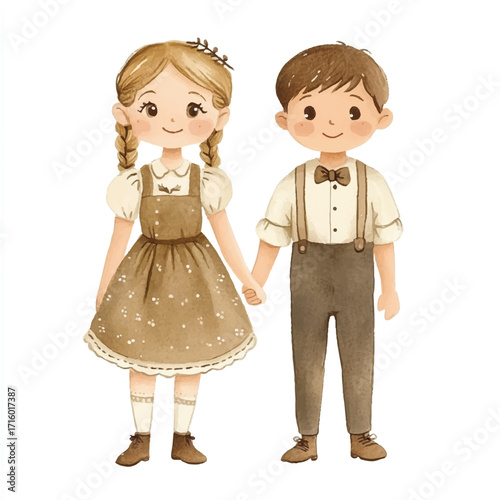 Charming children holding hands dressed in vintage attire smiling happily together.