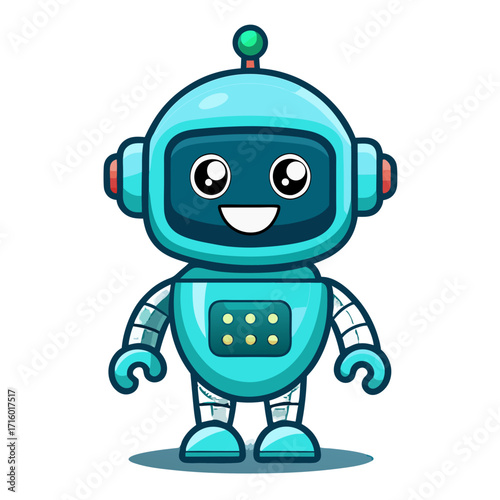 Cute blue robot character with a happy expression and a green antenna
