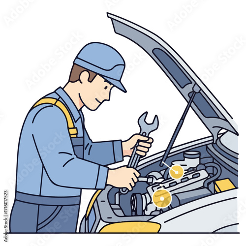 Mechanic Inspecting Car Engine with Wrench for Maintenance.