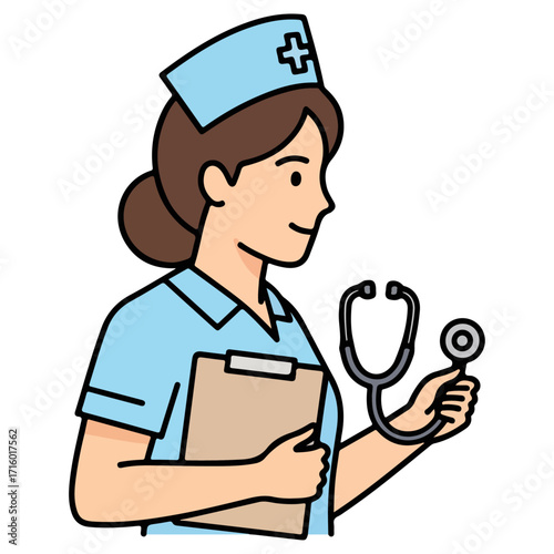 Nurse holding stethoscope and clipboard, ready for patient care.