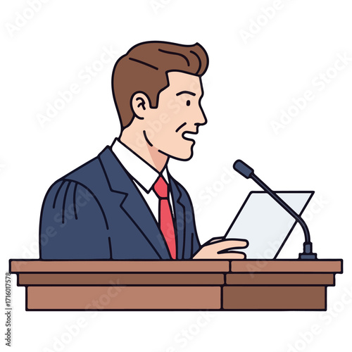 Man Speaking at Podium Delivering Speech in Courtroom.