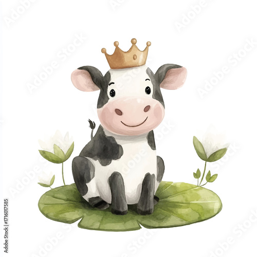Charming Cow Princess A Whimsical Watercolor Illustration of Royalty.