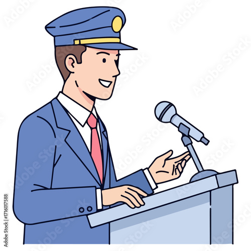 Man in Uniform Speaking at Podium with Microphone.