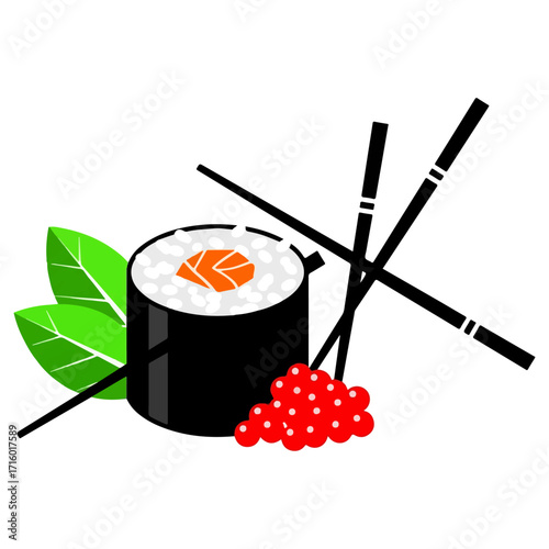 Sushi roll with chopsticks and red caviar, delicious Japanese food.