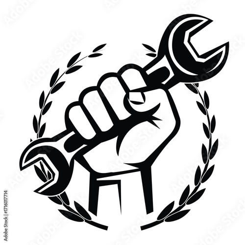A graphic illustration of a clenched fist holding a wrench, encircled by a laurel wreath.