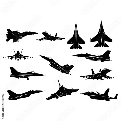 Silhouettes of Military Aircraft in Various Flight Positions.