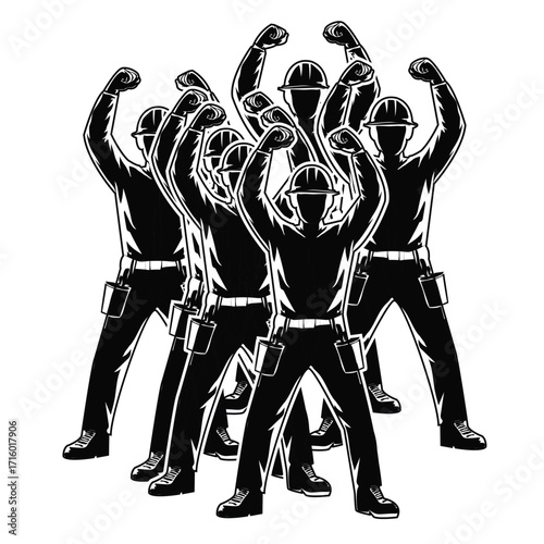 A graphic illustration of workers raising their clenched fists, representing labor solidarity and protest.