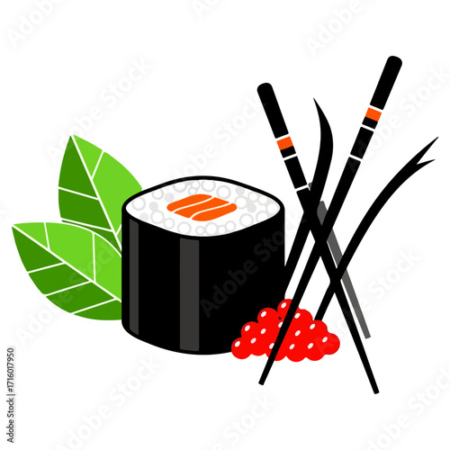 Sushi roll with chopsticks and leaves on white background.