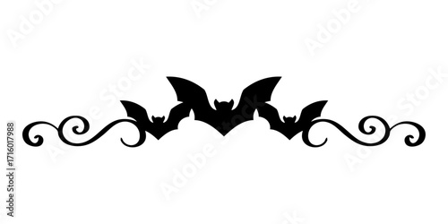 Logo con silueta de murciélagos con filigrana caligráfica. Silueta con florituras para tarjetas y felicitaciones de Halloween