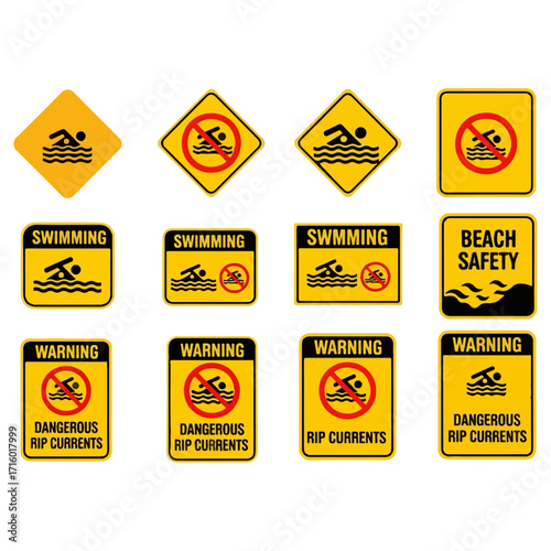 Swimming and Beach Safety Warning Signs for Public Awareness.