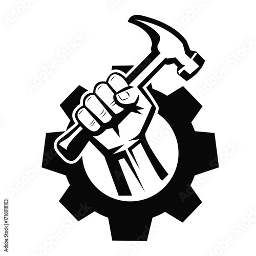 A powerful graphic symbol of a human fist and a hammer with a gear, representing labor and work.