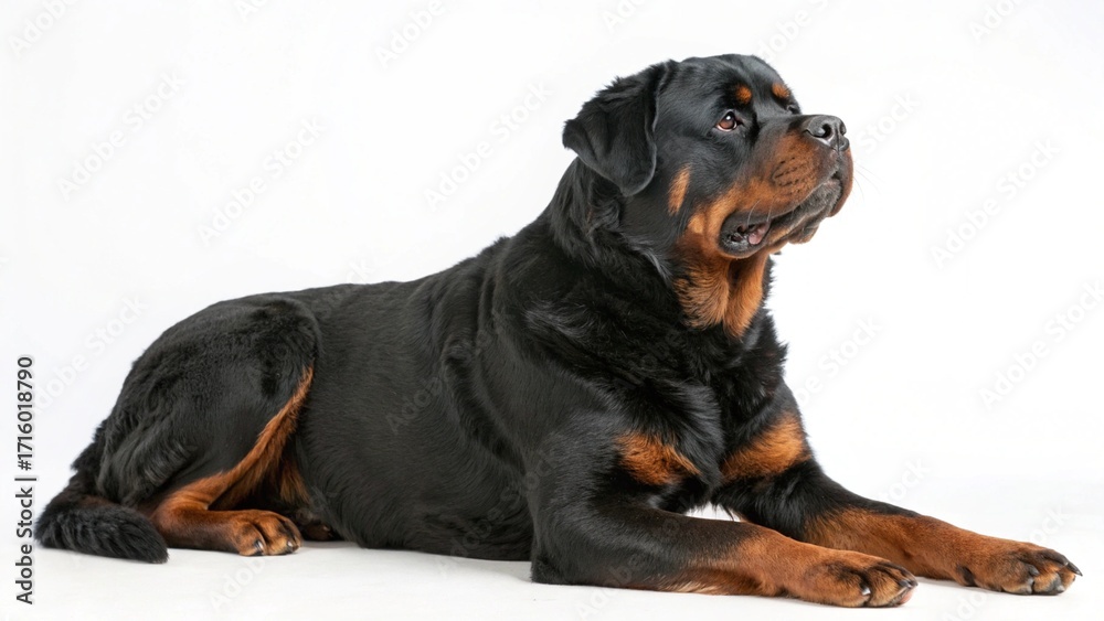 Obraz premium Long-Haired Rottweiler sitting calmly on a clean white studio background, showing thick shiny coat and strong features, sharp focus, and professional studio lighting