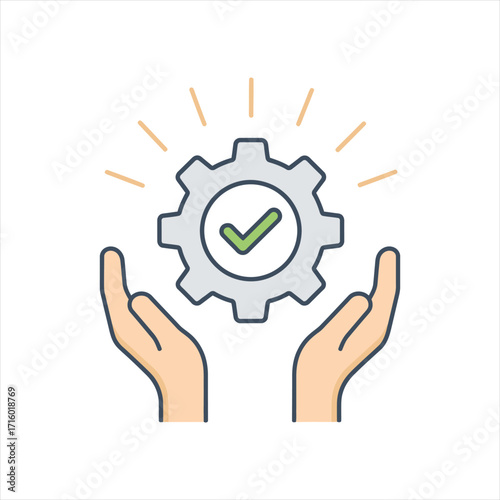 Excellent Business Solutions and System Optimization Concept Hands Supporting Gear with Approval Checkmark Icon
