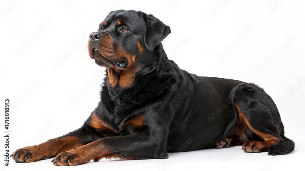Obraz premium Long-Haired Rottweiler sitting calmly on a clean white studio background, showing thick shiny coat and strong features, sharp focus, and professional studio lighting