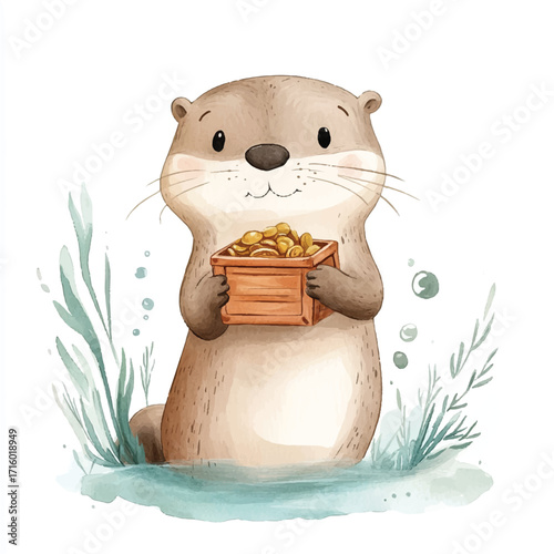Charming Otter Holding a Treasure Chest in Watercolor Style.