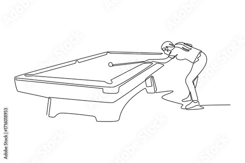 Single continuous line drawing attractive female in a low, focused stance, aiming a shot on pool table. Precision, strategy, and concentration of game. One line draw graphic design vector illustration