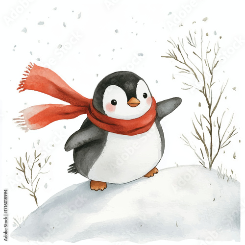 Charming Penguin with Red Scarf in Winter Wonderland Illustration.