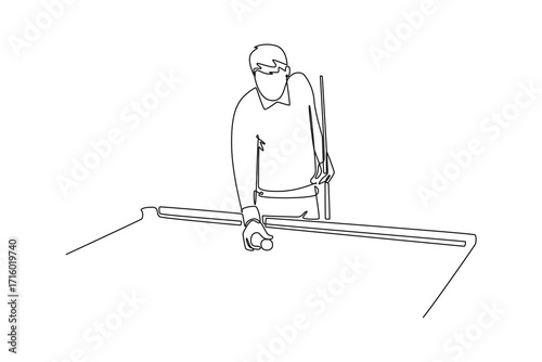 Single one line drawing sportsman in a poised stance, preparing for break shot on pool table. Strategy, concentration, and start of game. Modern continuous line draw design graphic vector illustration