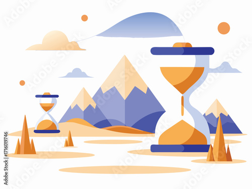 Surreal Desert Dog Illustration with Giant Hourglasses