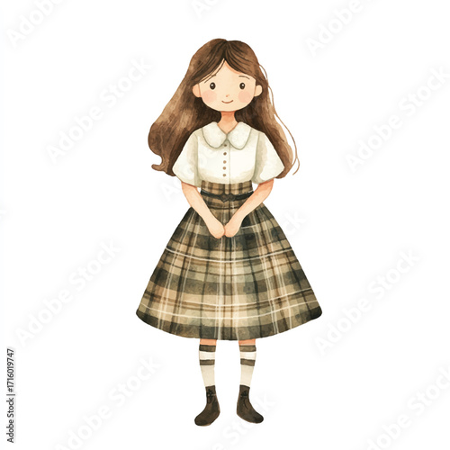 Charming watercolor illustration of a young girl in a plaid skirt and white blouse.
