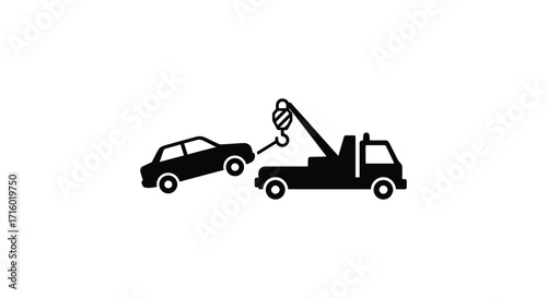 A simple black silhouette depicting a tow truck lifting a car