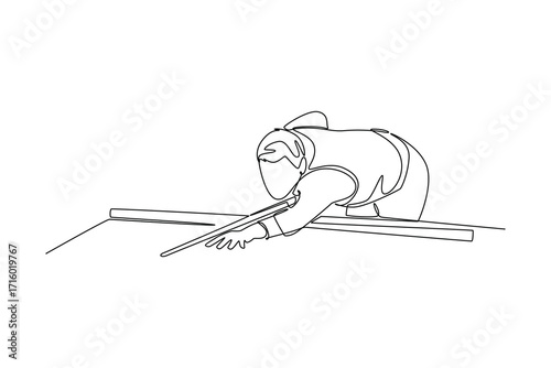 Single one line drawing active man playing billiards in low, focused stance, aiming shot on pool table. Precision, skill, concentration of game. Continuous line draw design graphic vector illustration