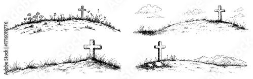 Cemetery Crosses on Hills Hand Drawn Graveyard Vector Landscape