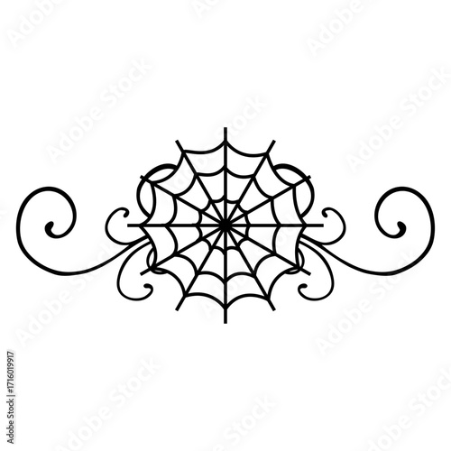 Logo con silueta de tela de araña con filigrana caligráfica. Silueta con florituras para tarjetas y felicitaciones de Halloween
