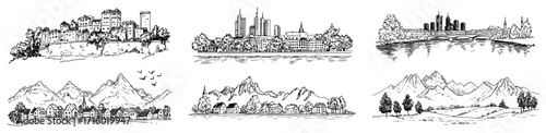 Collection of Hand Drawn City Skyline and Mountain Village Landscapes black shape vector laser cutting engraving monochrome print