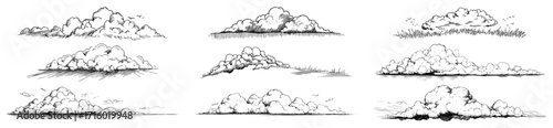 Vintage Hand Drawn Clouds Sketch Collection for Sky Design black shape vector laser cutting engraving monochrome print