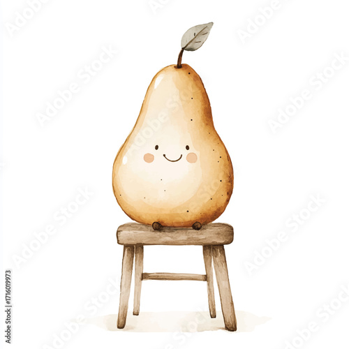 Charming watercolor pear character with a happy face sitting on a small wooden stool.