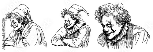 Vintage Hand Drawn Clown Portrait Sketch Set black shape vector laser cutting engraving monochrome print