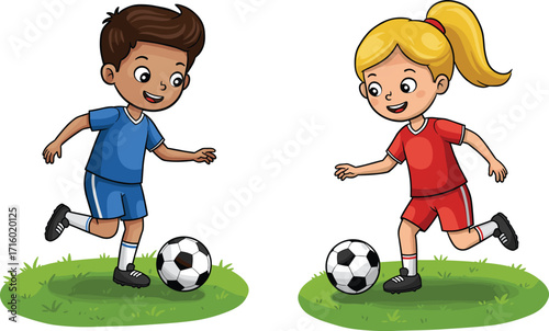 Children playing soccer, outdoor sports activity, grassy field, teamwork, youth football, cartoon kids, energetic movement, fun game, colorful uniforms, happy childhood